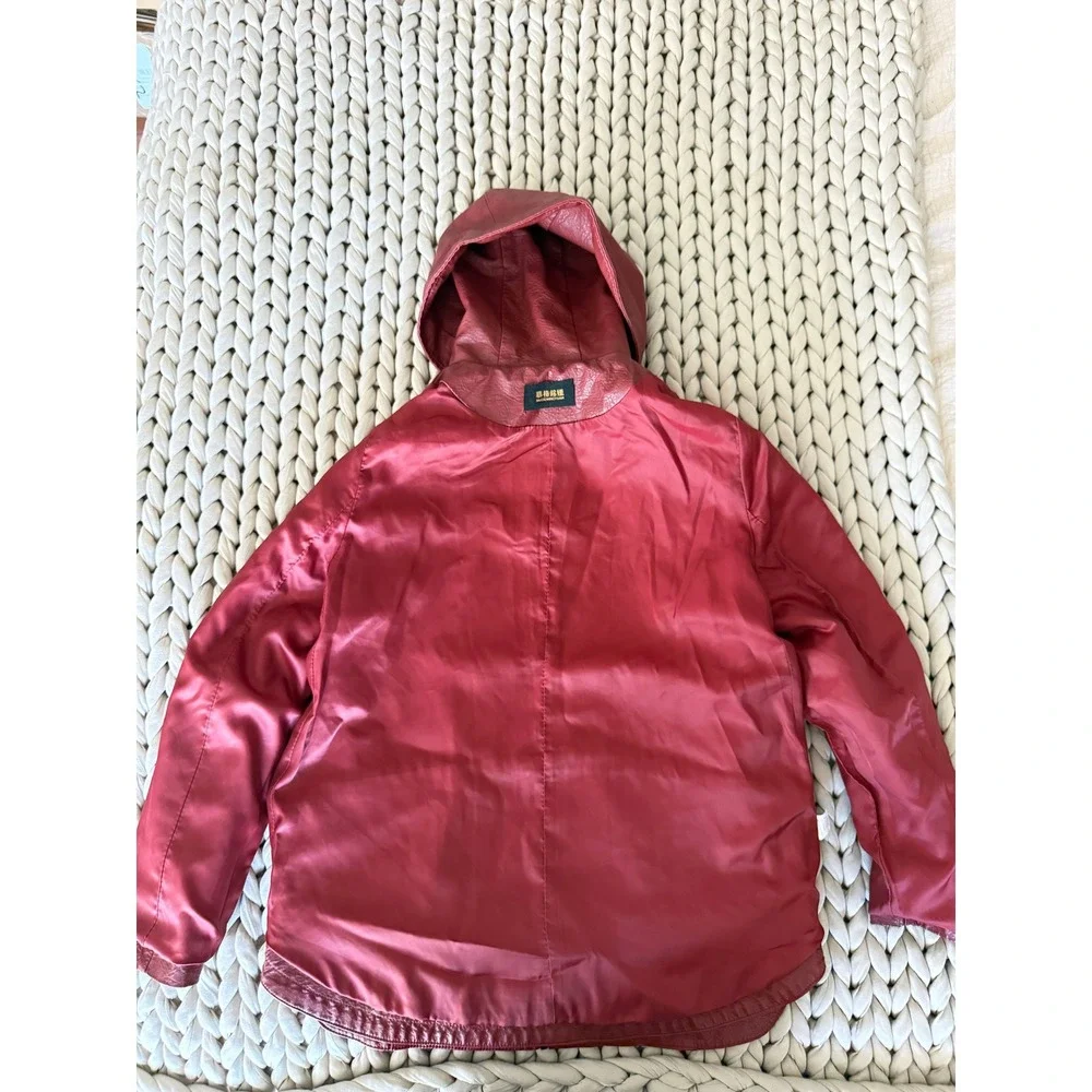 Burgundy Faux Leather‎ Hooded Jacket Coat - Y2K Streetwear Maroon Zip Up -